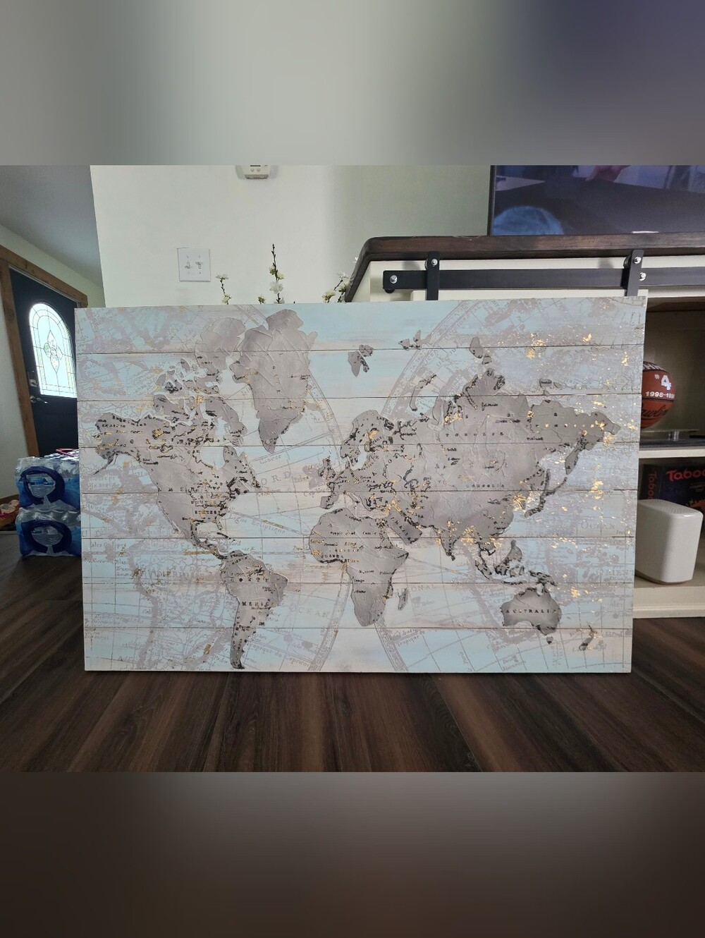 Textured World Map Wall Art in Light Blue and Gray
